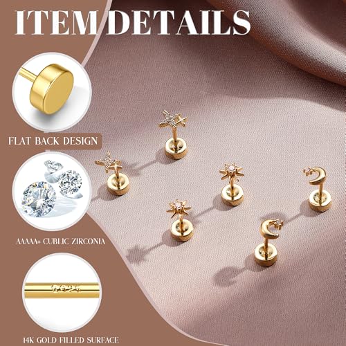 14K Gold Plated 925 Sterling Silver Flat Back Earrings Set | Hypoallergenic Cartilage Helix Conch Tragus Piercing Jewelry 3 Pairs Small Screw Dainty CZ Opal Earring Set Men Women - color: Gold, Style F