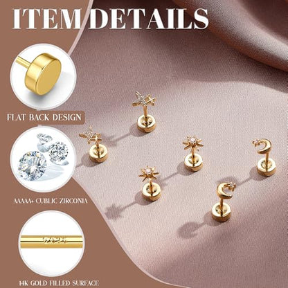 14K Gold Plated 925 Sterling Silver Flat Back Earrings Set | Hypoallergenic Cartilage Helix Conch Tragus Piercing Jewelry 3 Pairs Small Screw Dainty CZ Opal Earring Set Men Women - color: Gold, Style F