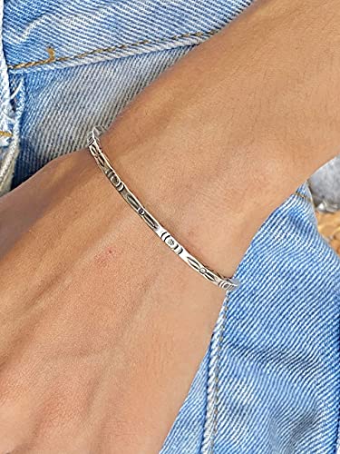 Sterling Silver Boho Floral Cuff Bracelet, Handmade Thin Delicate Squarish Bangle with oxidized flowers engraving, adjustable, Gift for Her