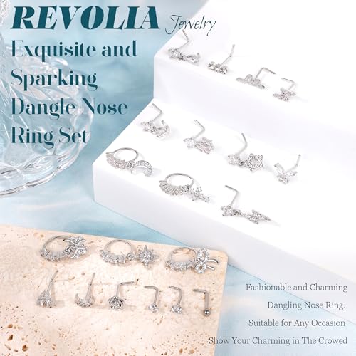 REVOLIA 20PCS 20G Dangle Nose Rings for Women Surgical Steel Dangling Nose Rings L Shaped Nose Studs Hoops CZ Flower Butterfly Heart Nose Piercing Jewelry - color: Silver