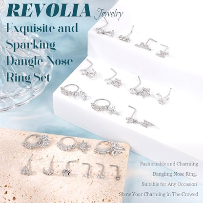 REVOLIA 20PCS 20G Dangle Nose Rings for Women Surgical Steel Dangling Nose Rings L Shaped Nose Studs Hoops CZ Flower Butterfly Heart Nose Piercing Jewelry - color: Silver