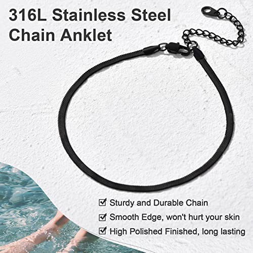 Adjustbale Link Chain Anklet for Women Summer Jewelry, 316L Stainless Steel Figaro/Wheat/Twist Rope/Cuban Foot Bracelet-Waterproof, Resizable 9"-12" (Gift Box Included) - color: 6, Herringbone - Black-3mm