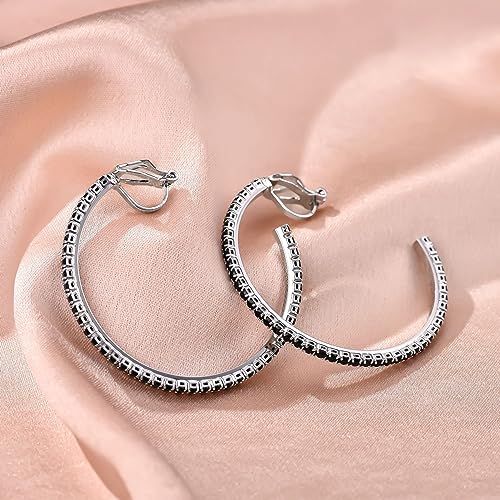 YOQUCOL 4.3CM(1.7in) Clip On Hoop Earrings Cubic Zirconia Non Pierced Ears Hoops for Women - color: Silver-Black