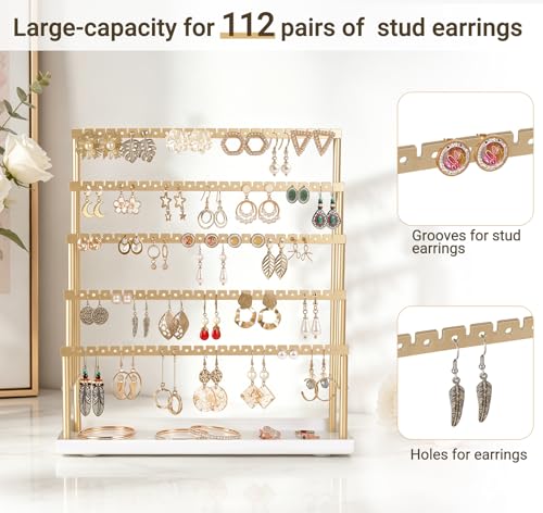 Mkono 5-Tier Earring Holder Organizer, Gold Jewelry Display Stand with Tray | 112 Pairs Ear Stud Hanger, Storage Bracelet Rings ,Anti-Tip Metal Rack, Vanity & Counter Use, Home Room Decor, Gift for Women