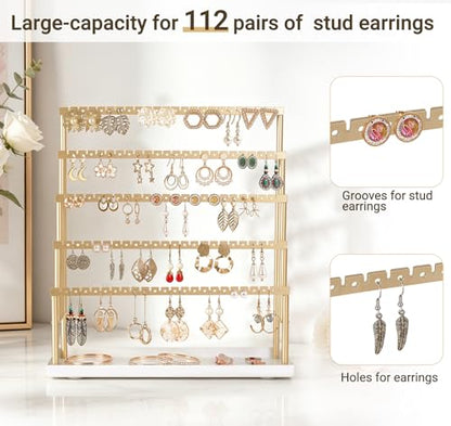 Mkono 5-Tier Earring Holder Organizer, Gold Jewelry Display Stand with Tray | 112 Pairs Ear Stud Hanger, Storage Bracelet Rings ,Anti-Tip Metal Rack, Vanity & Counter Use, Home Room Decor, Gift for Women