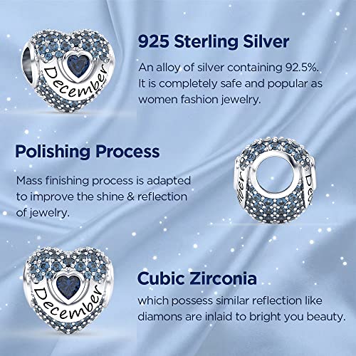 Birthstone Charms Love Heart Openwork Bead Charm for Women Bracelets and Necklaces 925 Sterling Silver with 5A Cubic Zirconia,Jewelry Gifts Women - color: December Birthstone Charms