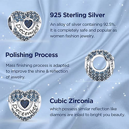 Birthstone Charms Love Heart Openwork Bead Charm for Women Bracelets and Necklaces 925 Sterling Silver with 5A Cubic Zirconia,Jewelry Gifts Women - color: December Birthstone Charms