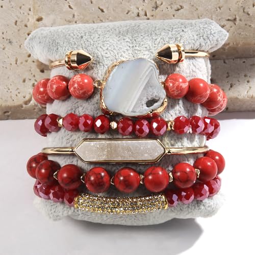 Yomisa 5PCS 6PCS Natural Boho Beaded Bracelets/Bangle for Women Men,Healing Turquoise Jasper Agate Crystal Gemstone Stone Chakra Multilayer Wrap Bohemian Handmade Jewelry Beads Stretch Bracelet Set - color: 6PCS-Red