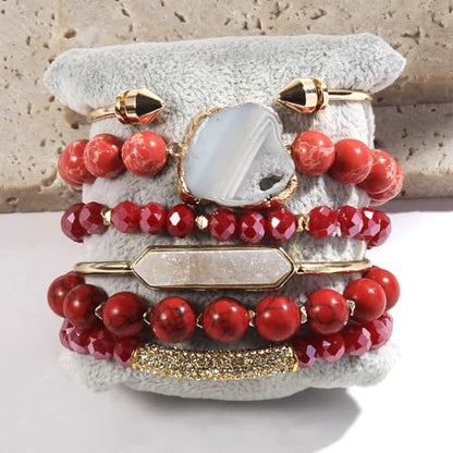 Yomisa 5PCS 6PCS Natural Boho Beaded Bracelets/Bangle for Women Men,Healing Turquoise Jasper Agate Crystal Gemstone Stone Chakra Multilayer Wrap Bohemian Handmade Jewelry Beads Stretch Bracelet Set - color: 6PCS-Red