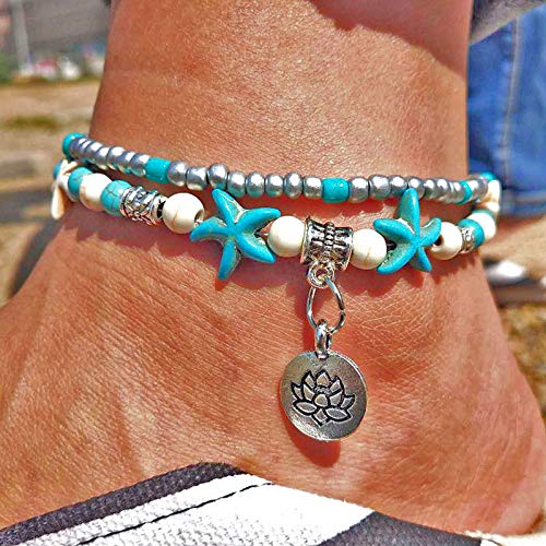 Softones Blue Starfish Turtle Anklet Multilayer Charm Beads Sea Handmade Boho Anklet Foot Jewelry for Women - style: S:Flower