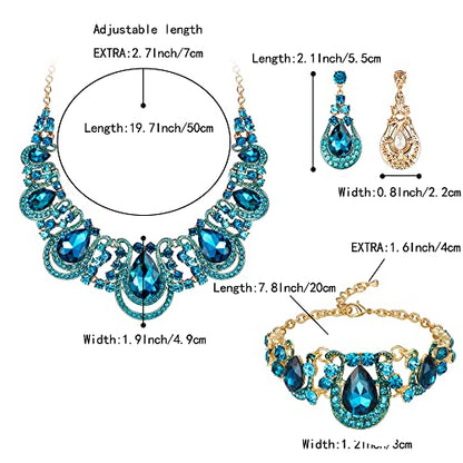 BriLove Women's Teardrop Crystal Statement Necklace Cluster Hollow Dangle Earrings Chain Bracelet Bib Jewellery Set for Wedding Bride Bridesmaid - color: Blue Topaz Color Gold-Tone
