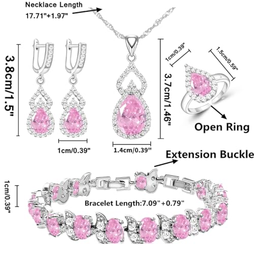 LMXXVJ Women Jewelry Set Platinum Plated Necklace Open Ring Earrings Bracelet Set,Birthday/Anniversary Mother’s Day Jewelry Gifts for Mom/Wife/Sister/Best Friend - color: Pink