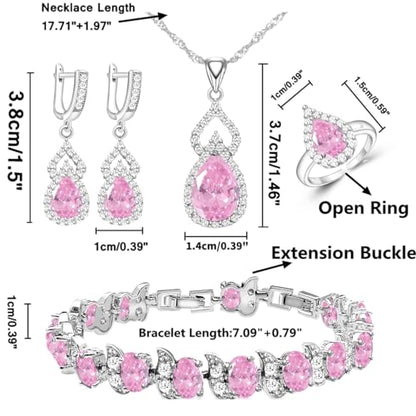 LMXXVJ Women Jewelry Set Platinum Plated Necklace Open Ring Earrings Bracelet Set,Birthday/Anniversary Mother’s Day Jewelry Gifts for Mom/Wife/Sister/Best Friend - color: Pink