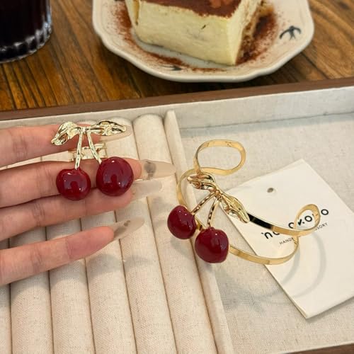 Cherry Charm Bracelet and Ring Set for Women, Gold Tone Adjustable Cuff Bangle Statement Cherry Rings Cute Fruit Jewelry Set Trendy Gift for Birthday Valentine’s Day
