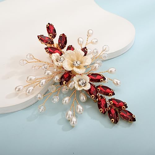 Xerling Wine Red Rhinestones Crystal Flower Hair Barrettes Clip Boho Bridal Pearl Hair Jewelry Accessories for Women Wedding Floral Headpieces (Wine Red) - color: Wine Red