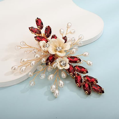 Xerling Wine Red Rhinestones Crystal Flower Hair Barrettes Clip Boho Bridal Pearl Hair Jewelry Accessories for Women Wedding Floral Headpieces (Wine Red) - color: Wine Red