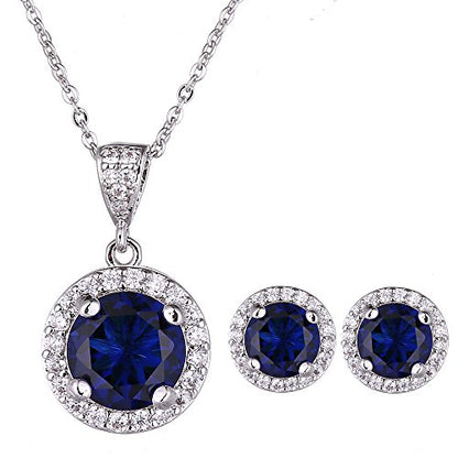 AMYJANE Halo Crystal Jewelry Set - Sterling Silver Round Cubic Zirconia Crystal Bridal Pendant Necklace Earrings Set for Wedding Bride Bridesmaids - color: Sapphire
