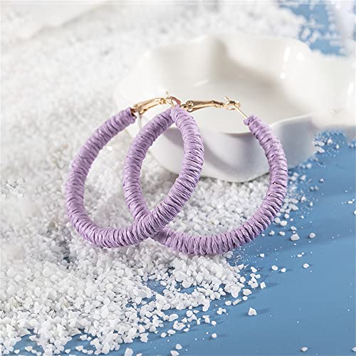 Handmade Rattan Earrings - Large Circle Braided Straw Wicker Drop Earrings - Light Weight Summer Hoops - color: C purple