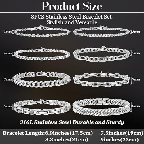 8Pcs Stainless Steel Bracelets for Men Women Sturdy Cuban Link Bracelet Curb Rope Figaro Paperclip Chain Bracelets Set Jewelry Gifts for Men, 6.9/7.5/8.3/9 Inches - color: Silver