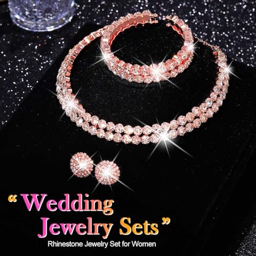 Silver Jewelry Set Rhinestone Necklace Earrings Bracelet Sets Wedding Prom Formal Jewelry for Women and Brides - color: Rose Gold