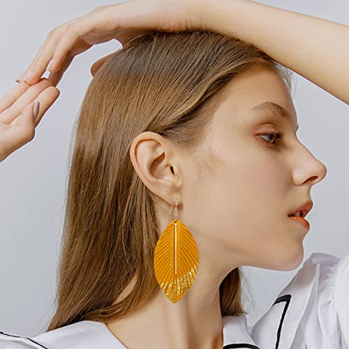 Bohemian Handmade Lightweight Color Large Genuine Soft Leather Fringe Feather Leaf Tear Dangle Drop Earrings for Women Statement - color: 2-Yellow