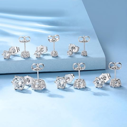 18K Gold Plated Round Princess Cut Clear Cubic Zirconia Stud Earring of 6 Pairs - color: C-white