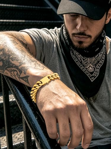 Richsteel Gold/Black/Silver Cuban Link Bracelet for Men,5/7/9/12MM Width | 316L Stainless Steel Chain Wrist Bracelet, Waterproof, No Tarnish, Hypoallergenic Hip Hop Jewelry, with Gift Box - color: 02-Gold Plated 12mm Width