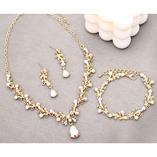 3Pcs Austrian Crystal Jewelry Set for Women, Necklace Dangle Earrings Link Bracelet Jewelry Set with Gold/Platinum/Gun Plated, Wedding Party Jewelry for Bridal Bridesmaid - color: AB Crystal-Gold Plated