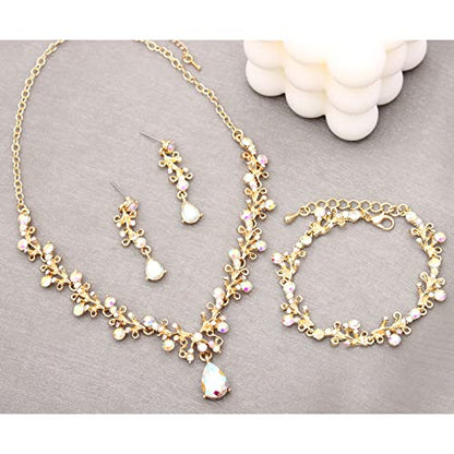 3Pcs Austrian Crystal Jewelry Set for Women, Necklace Dangle Earrings Link Bracelet Jewelry Set with Gold/Platinum/Gun Plated, Wedding Party Jewelry for Bridal Bridesmaid - color: AB Crystal-Gold Plated