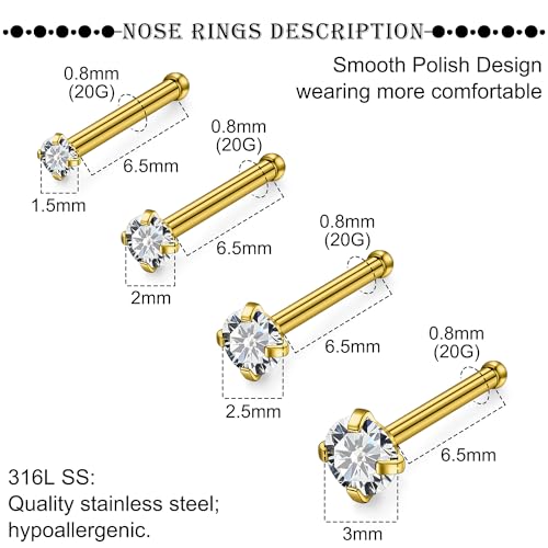 18G 20G 22G Titanium Stainless Surgical Steel Nose Rings Studs for Women L Shaped Nose Studs Screw Nose Ring Piercing Jewelry for Women Men Diamond CZ 1.5mm 2mm 2.5mm 3mm Silver Black Gold - style: 20g/Clear CZ/Straight/Gold