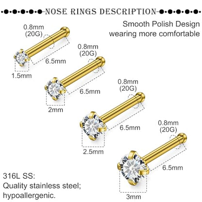18G 20G 22G Titanium Stainless Surgical Steel Nose Rings Studs for Women L Shaped Nose Studs Screw Nose Ring Piercing Jewelry for Women Men Diamond CZ 1.5mm 2mm 2.5mm 3mm Silver Black Gold - style: 20g/Clear CZ/Straight/Gold