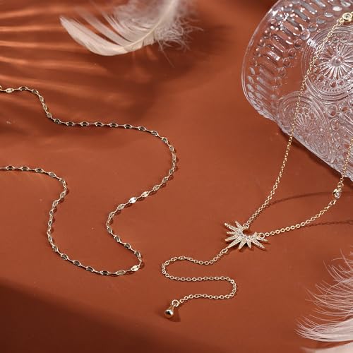 Dochais Dainty Gold Layered Necklace for Women, 14K Gold Plated Y Necklace & Chain, Dainty Lariat Long Necklaces, Trendy Cubic Zirconia Choker, Sun, Heart, Pearl & Cross Pendant Necklace, Jewelry Gift - color: Y Layered CZ Drop Sun Lariat-GD