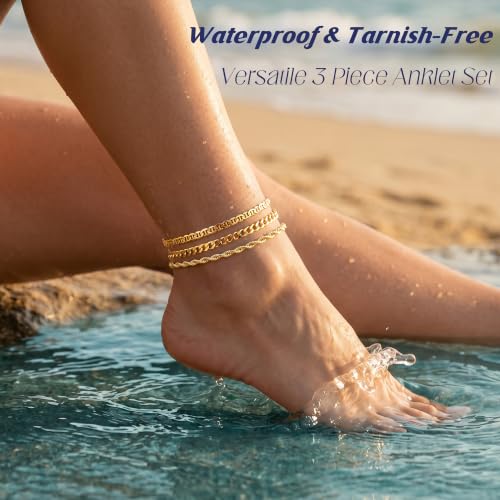 DEARMAY Gold Anklets for Women Waterproof | Non Tarnish14K Gold Plated Ankle Bracelets Set Stack, Summer Beach Jewelry Gifts for Vacation - color: Gold Anklet-G