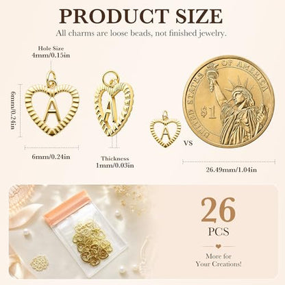 26Pcs 18K Gold Filled Heart Initial Charms for Jewelry Making, Gold A-Z Alphabet Letter Pendants, Double-Sided Ribbed Alphabet Bubble Beads for DIY Necklace Bracelet, Personalized Couples Gifts