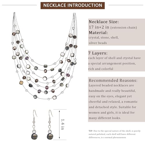 Multi-Layer Boho Shell Beaded Necklace for Women Colorful Crystal Strand with Silver Beads Statement Collars Necklace and Earrings Costumes Jewelry Sets for Women - color: Black