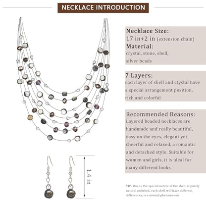 Multi-Layer Boho Shell Beaded Necklace for Women Colorful Crystal Strand with Silver Beads Statement Collars Necklace and Earrings Costumes Jewelry Sets for Women - color: Black