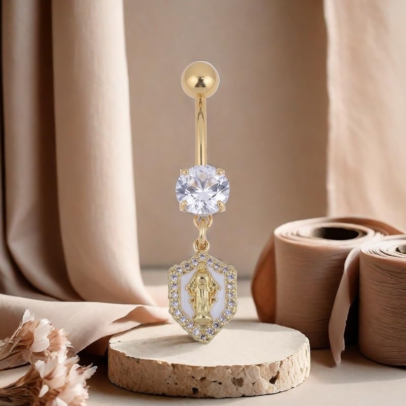 B BodyPJ Sparkles 14G Religious Belly Button Ring with Crystal Cross and Religious Charms, Stainless Steel - style: Type C,Gold