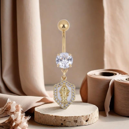 B BodyPJ Sparkles 14G Religious Belly Button Ring with Crystal Cross and Religious Charms, Stainless Steel - style: Type C,Gold