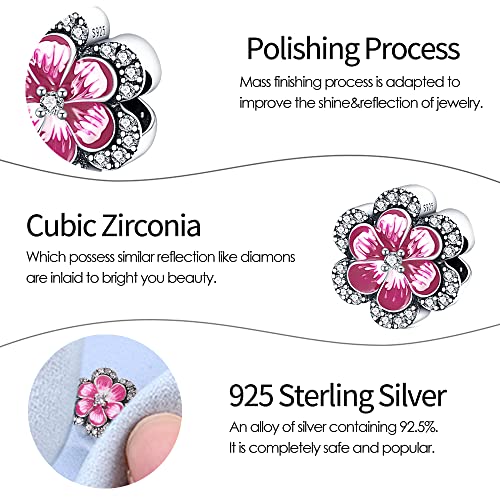 HappyStar 925 Sterling Silver Charms for Bracelets and Necklace Dangle Pendants Beads Charms Fits Charms Bracelets for Woman Jewelry Gifts (with one Spacer Bead Charms) - style: Pink Flower Beads