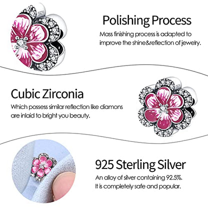 HappyStar 925 Sterling Silver Charms for Bracelets and Necklace Dangle Pendants Beads Charms Fits Charms Bracelets for Woman Jewelry Gifts (with one Spacer Bead Charms) - style: Pink Flower Beads