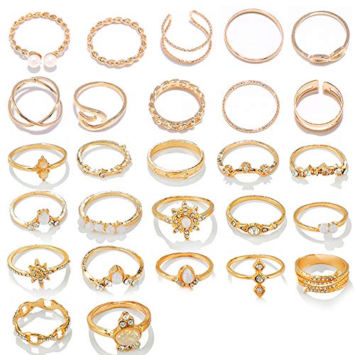 HUJUON 27-34PCS Knuckle Rings Set for Women Stackable Finger Ring Sets Vintage Joint Midi Rings Gold/Silver Star Moon Stacking Rings for Women - style: 27Pcs