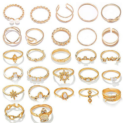 HUJUON 27-34PCS Knuckle Rings Set for Women Stackable Finger Ring Sets Vintage Joint Midi Rings Gold/Silver Star Moon Stacking Rings for Women - style: 27Pcs