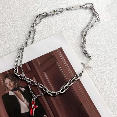 Gothic Cross Star Necklace For Men Women Silver Stainless Steel Cuban Link Paperclip Figaro Bead Chain Punk Kpop Y2k Goth Irregular Layered Cross Pendant Necklace Non Tarnish Jewelry Gift - color: Silver B