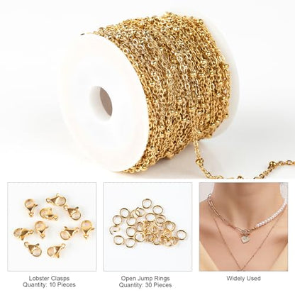 10M Beaded Cable Link Chains for Jewelry Making Stainless Jewelry Findings | PVD Gold Plated Stainless Steel Chains Bulk with Lobster Clasps for Handcrafts DIY Jewelry Making Supplies - color: Cross Bead Gold