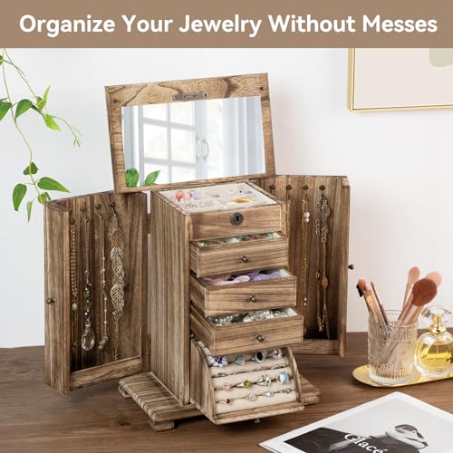 Jewelry Boxes for Women, 5 Layer Large Wooden Jewelry Organizer Box with Lock, Mirror & Drawers, Jewelry Boxes & Organizers for Necklaces Earrings Rings Bracelets (Rustic Brown)