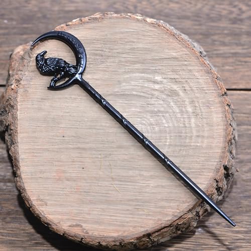 2PCS Viking Raven Hair Sticks – Moon Hair Pins for Women | Black Viking Hair Accessories with Raven Moon Design for Long Hair, Buns, Updos, Renaissance Festival, Halloween & Cosplay