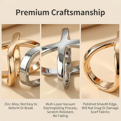 2PCS(Gold+Silver) X Shaped Scarf Ring Buckle Jewelry Silk Scarf Clips Clothing Wrap Holder for T-Shirt Neckerchief Shawl