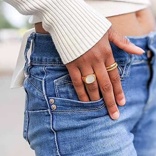 18K Gold Plated Women's Starburst Signet Ring - Minimalist Mother of Pearl Statement Piece - color: Mother of Pearl Square Ring