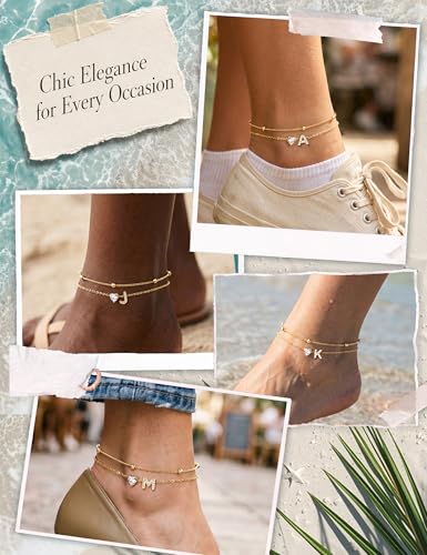Kakonia Double Layer Initial Anklet for Women, 14K Gold Plated Heart Ankle Bracelet, Personalized A-Z Letter, Waterproof Non Tarnish Cubic Zirconia Dainty Adjustable Summer Beach Jewelry Gift - style: Letter E