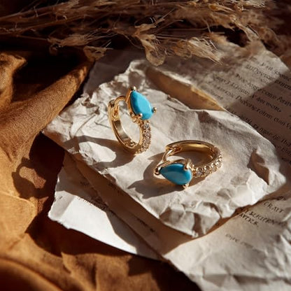 Dremmy Studios Dainty CZ Huggie Hoop Earrings 14K Gold Plated Chunky Simple Cute Thick Round Frill Bead Ball Starburst Cuff Earrings Cubic Zirconia Hoop Earrings Minimalist Personalized Gift for Her - color: A-CZ Turquoise